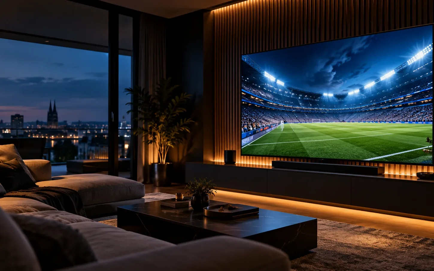 Modern premium home cinema with large television screen
